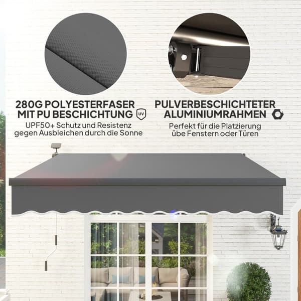 Rootz Klemmmarkise - UV Protection Awnure - Joint Arm Awnings - Solar -drevet LED -lys - 295 cm x 250 cm - Forbedre udendørs komfort