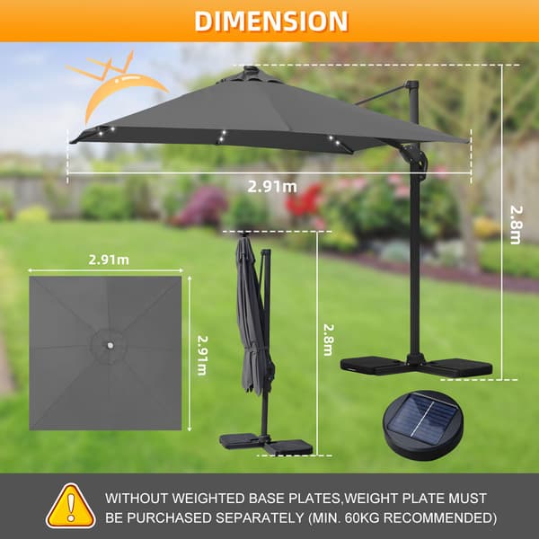Parasol Ø300cm obrotowy, uchylny, LED, obrót 360°, parasol rynkowy, szary
