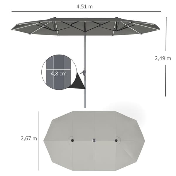 Dobbelt Solparaply, med Solcelle LED Lys, 451x267 cm, Mørkegrå