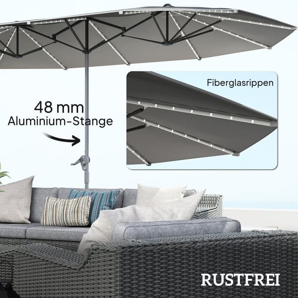 Dobbelt Solparaply, med Solcelle LED Lys, 451x267 cm, Mørkegrå