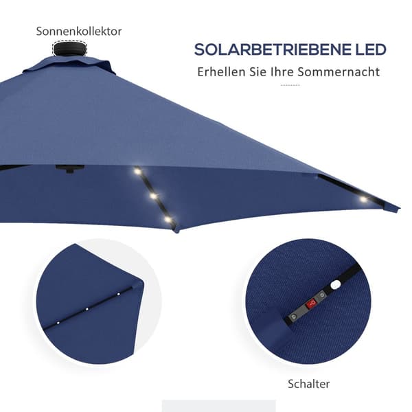 Solarparaply med LED, Ø290x260 cm, Mørkeblå
