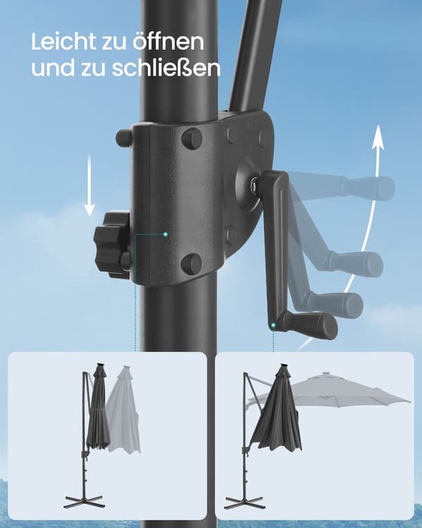 Rootz 300 cm svart parasol - solparaply - strandtak - upf 50+ skydd - 28 sollyssljus - 300 cm d x 240 cm h