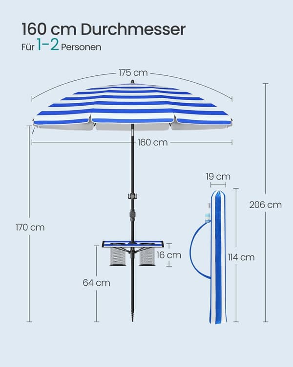Rootz Justerbar parasol - Sunshade - Udendørs paraply - Højde Justerbar - 160 cm x 158-206 cm - Blå -hvid
