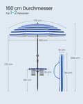 Miniatyrbillede 5 af 6: Rootz Justerbar parasol - Sunshade - Udendørs paraply - Højde Justerbar - 160 cm x 158-206 cm - Blå -hvid