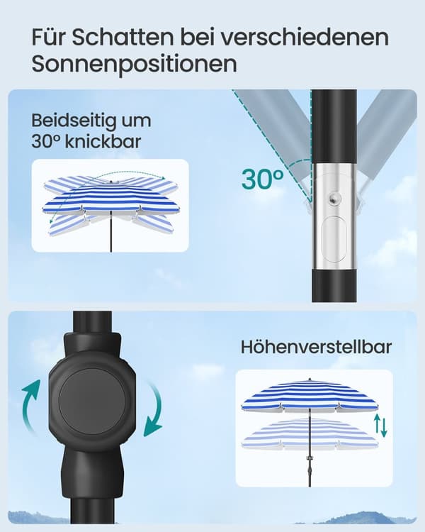 Rootz Justerbar parasol - Sunshade - Udendørs paraply - Højde Justerbar - 160 cm x 158-206 cm - Blå -hvid