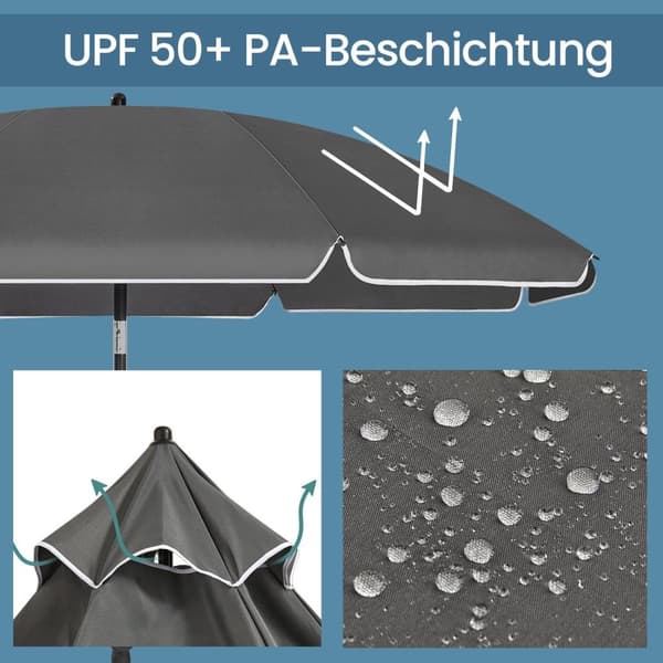 Rootz Beach Parasol - Sunshade - UV -paraply - UPF 50+ Beskyttelse - 160 cm diameter - Rejsetaske inkluderet - Glasfiberribben, stilfuld grå