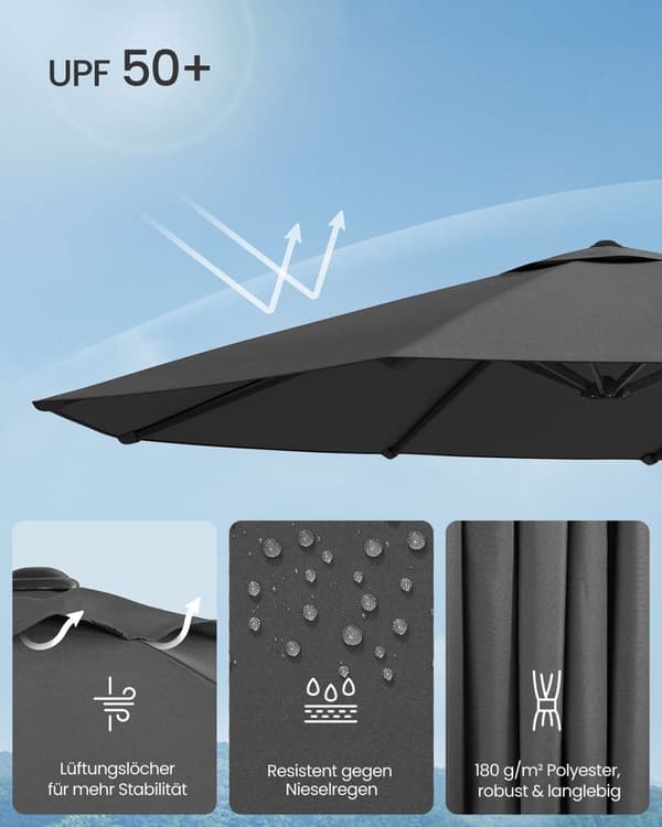 Rootz Double Sunshield Parasol - UV Protection Sunshade - Utomhusparaply - UPF 50+ UV -betyg - 394 x 200 cm - Grå
