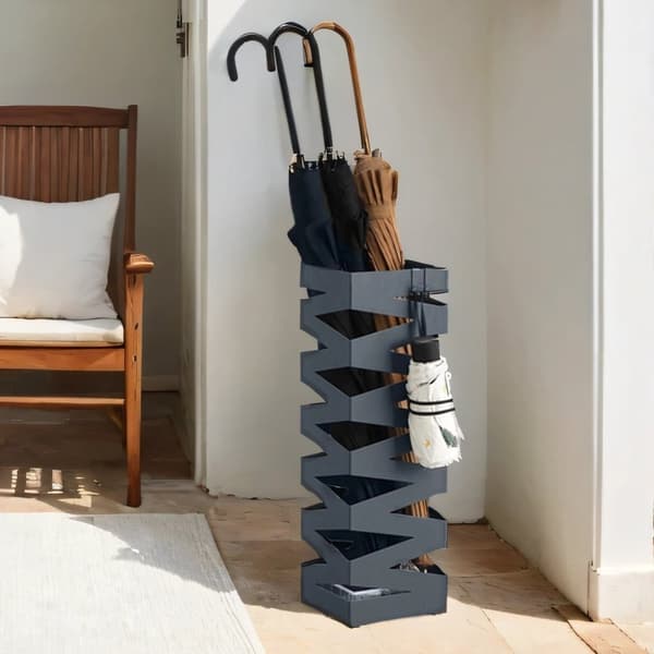 Rootz Metal Paraply Stand - Screen Stand - Water Aschard - 4 Hooks inkluderet - Grå - 15,5 cm x 15,5 cm x 49 cm