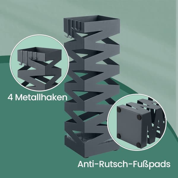 Rootz Metal Paraply Stand - Screen Stand - Water Aschard - 4 Hooks inkluderet - Grå - 15,5 cm x 15,5 cm x 49 cm