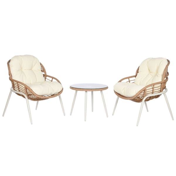 Bord med 2 lænestole Home ESPRIT Hvid Beige Grå Natur 55 x 55 x 47 cm