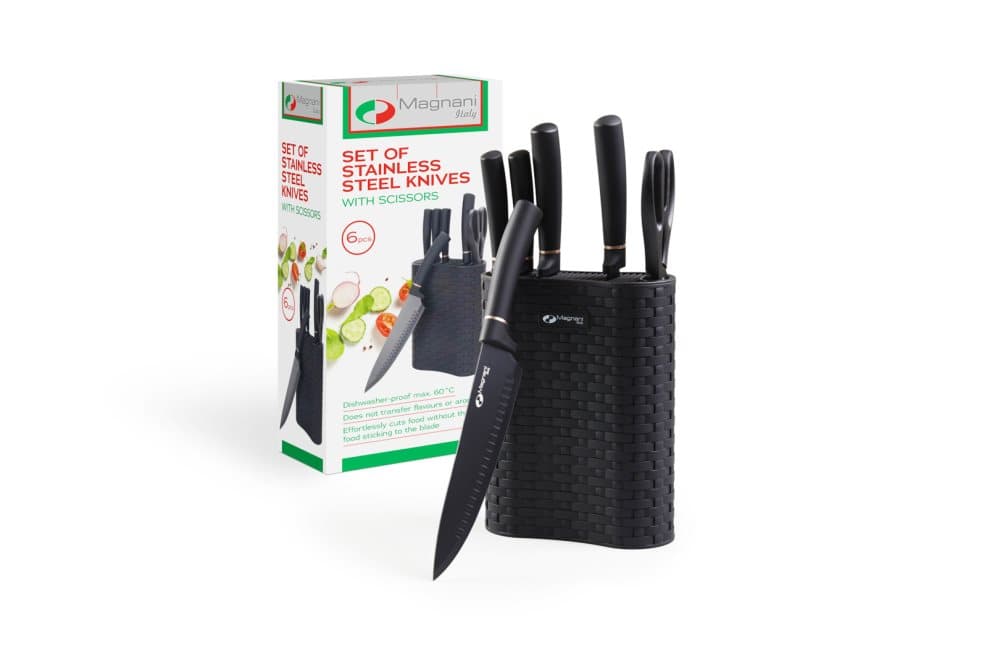 MAGNANI Köksknivset 6 Delar, 6 Professionella Knivar i Svart med Knivhållare och Sax, Köksknivar i Rostfritt Stål