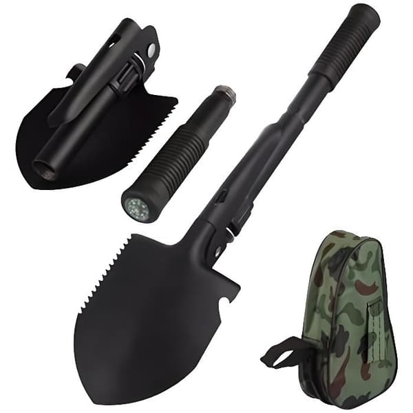 Fällbar multifunktionell spade - Svart - 40 cm - Skyddsfodral - Såg - Kompass