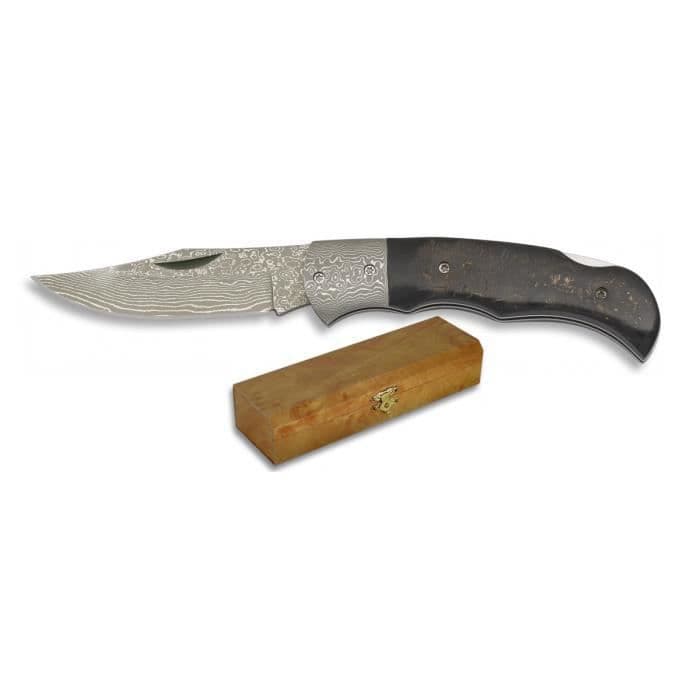 Aprikos Albainox kniv med mango nötkött blad, hylsa och 7,8 cm aprikos stål blad, presenterad i en trälåda, 19955.