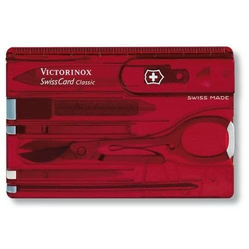 Schweizisk fickkniv - VICTORINOX - SwissCard 0.7100.T - Transparent Röd - 10 geniala funktioner