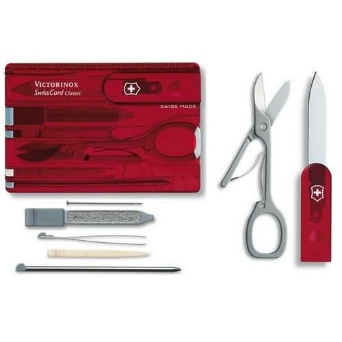 Schweizisk fickkniv - VICTORINOX - SwissCard 0.7100.T - Transparent Röd - 10 geniala funktioner