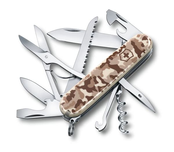 Victorinox Huntsman schweizisk kniv, inklusive sax och träsåg, 15 funktioner, för camping, kamouflagefärg