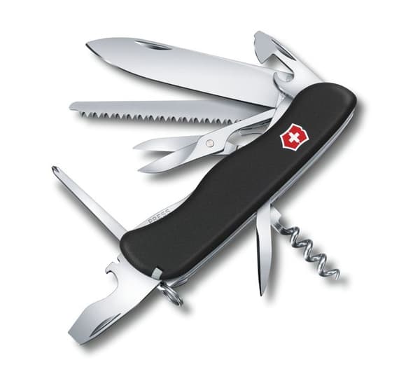 Victorinox Outrider schweizisk armékniv, med 14 funktioner, med Philips-skruvmejsel + sax, 158 g, längd 111 mm, svart färg.