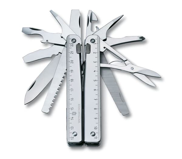 Victorinox SwissTool X Swiss multiverktyg, 28 funktioner, robust, vikt 345 g, rostfritt stål, med läderpåse.