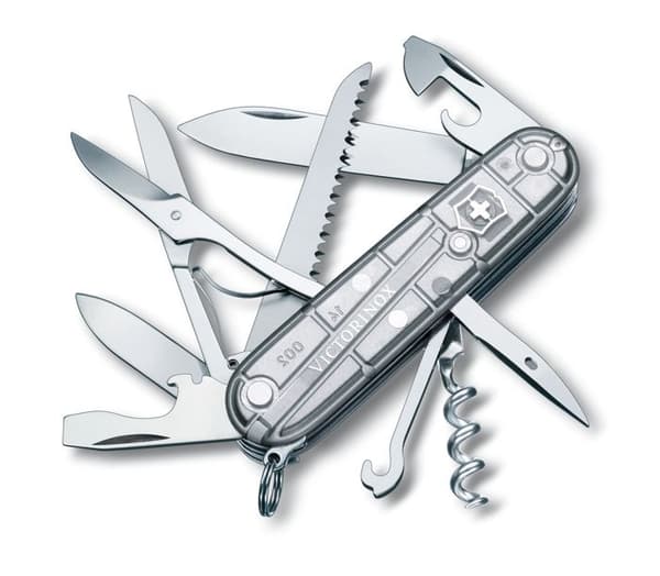 Victorinox Huntsman schweizisk armékniv, inklusive sax och träsåg, 15 funktioner, för camping, transparent silverfärg