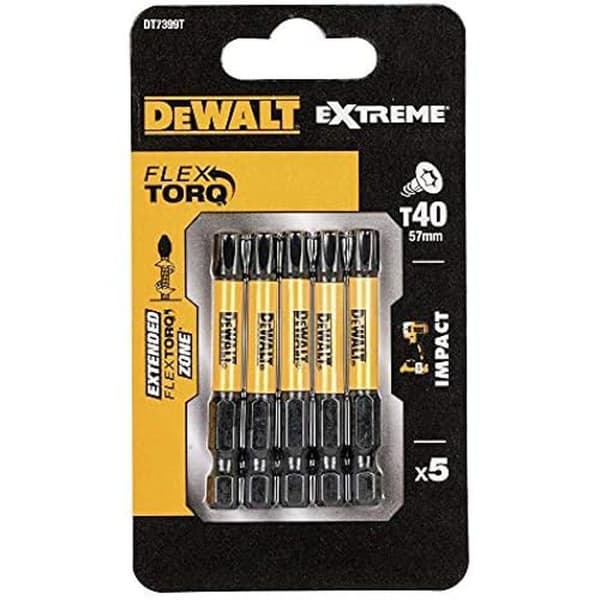 Skruvbits - DEWALT - T40 Extreme Impact - 50 mm - Förpackning med 5 - Silverstål