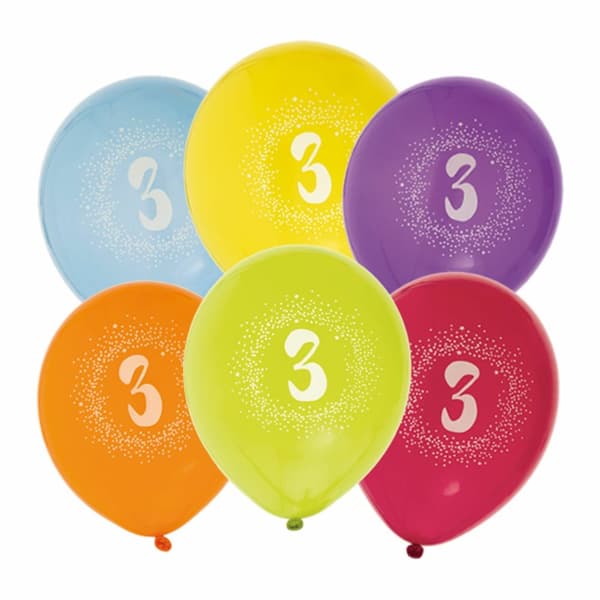 Ballong 12" 3års födelsedag siffra Flerfärgad 6-pack