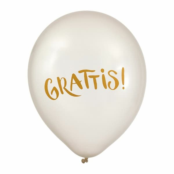 Latexballong "Grattis" Vit/Guld 30cm 6-pack