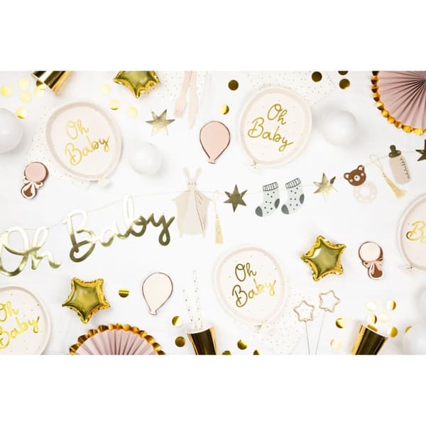 Papperstallrik Ballong Oh Baby 17.5x22cm Vit Guld 6-pack