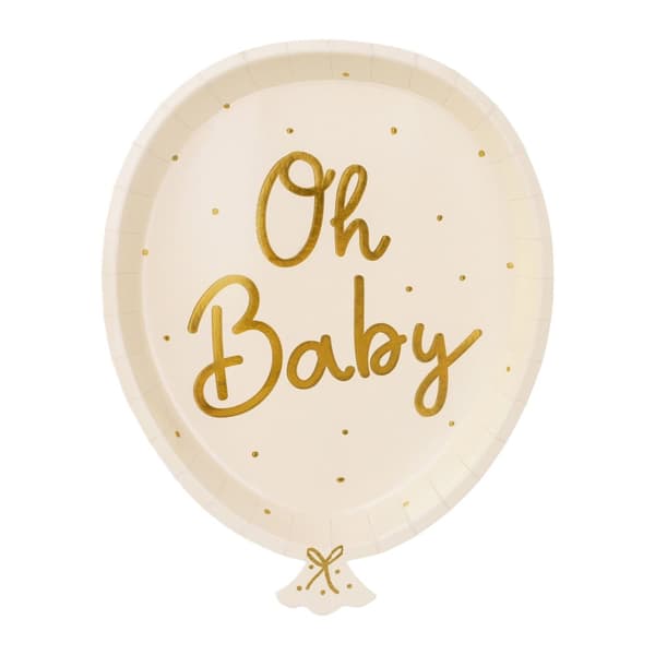 Papperstallrik Ballong Oh Baby 17.5x22cm Vit Guld 6-pack