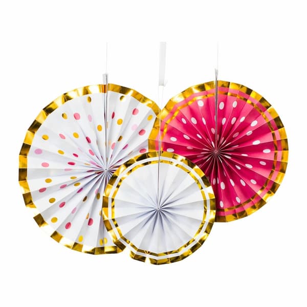 Pappersdekoration / Paperfan Rosa/Vit/Guld 1x 30cm, 25cm & 20cm (3-pack)