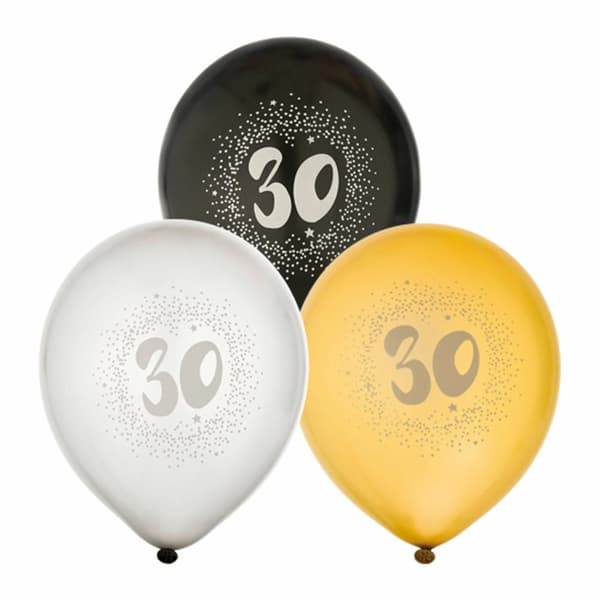 Ballong 12" 30års födelsedag siffra Vit/Guld/svart 6-pack