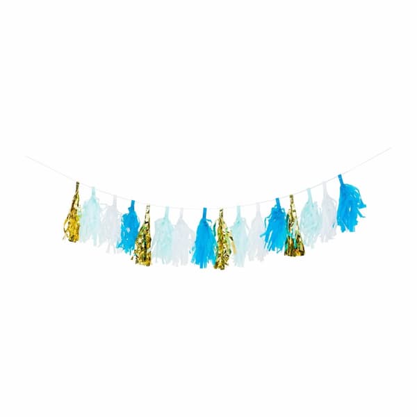 Girlang Tassel Blå/Vit/Guld 16st tofsar 21x200cm