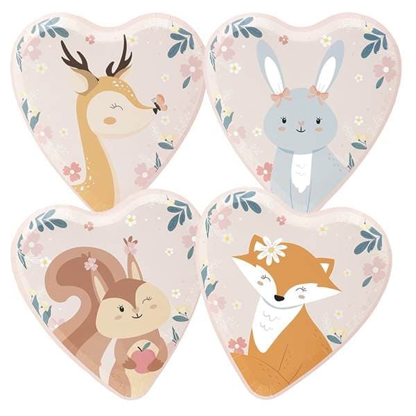 Papperstallrik Skogens djur Hjärtformade 4st olika motiv 17x18cm 8-pack