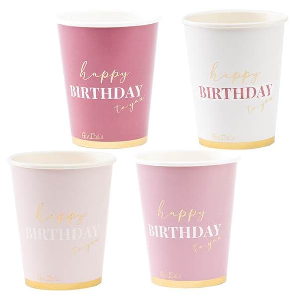 Pappersmugg "Happy birthday to you" Rosa / Vit / Guld 4st olika motiv 250ml 8-pack