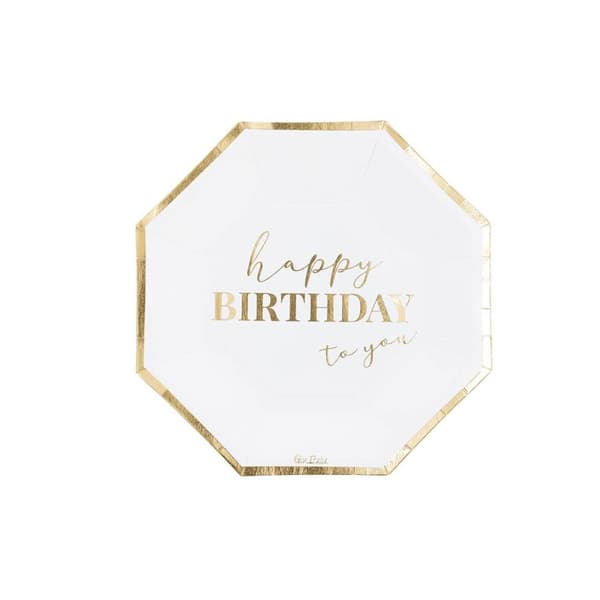 Papperstallrik "Happy birthday to you" Vit / Guld 19cm 8-pack