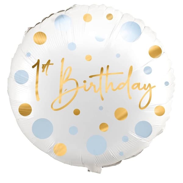 Folieballong "1st Birthday" Blå / Guld prickig 45cm