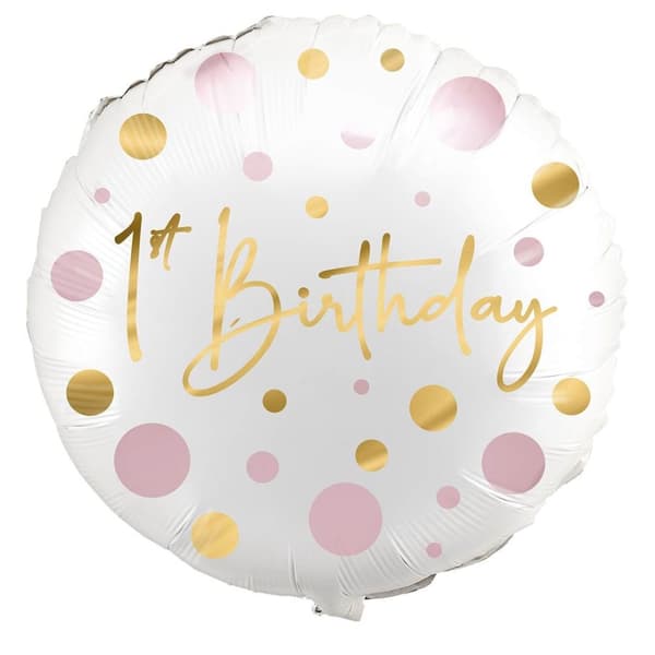 Folieballong "1st Birthday" Rosa / Guld prickig 45cm