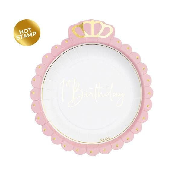 Papperstallrik "1st Birthday" Ljusrosa Krona 20cm 8-pack