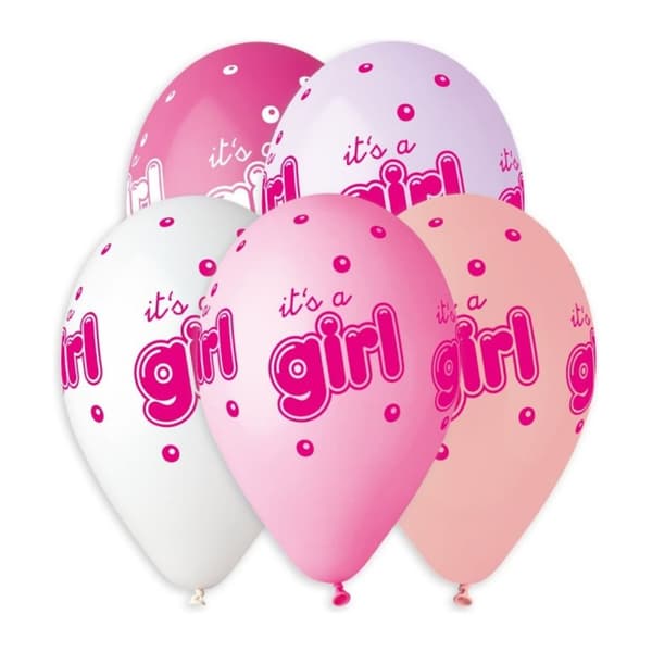 Latexballong Premium "It´s a Girl" Rosa/Vit 33cm 5-pack