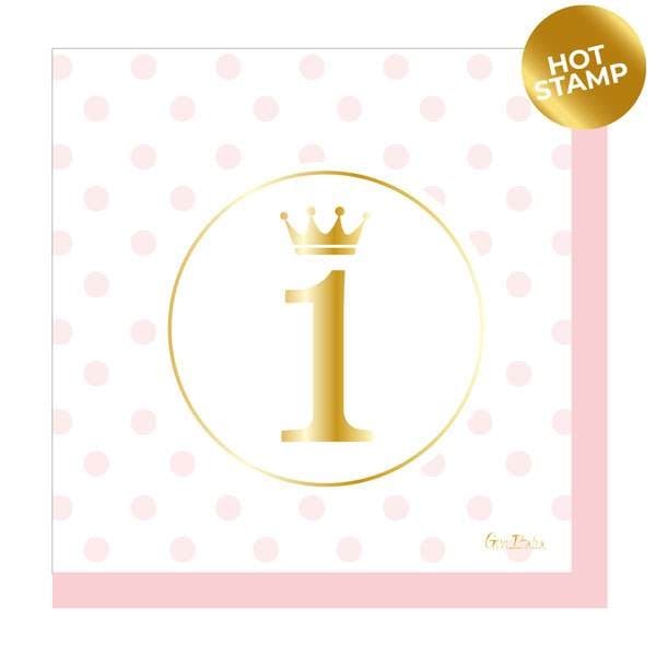 Pappersservett "1st Birthday" Ljusrosa Krona 33x33cm 16-pack