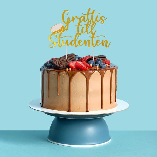 Bakdekoration "Grattis till studenten" Guldfärg 20cm