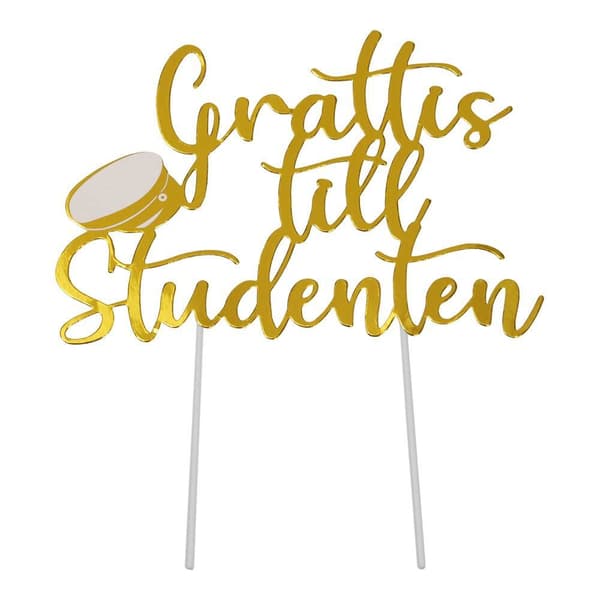 Bakdekoration "Grattis till studenten" Guldfärg 20cm