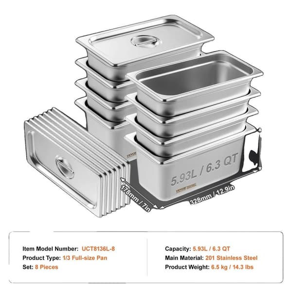 Chafing Dishes Sæt, 8 Stykker Rustfrit Stål, 5.93L Kapacitet,8 stk 6 tommer
