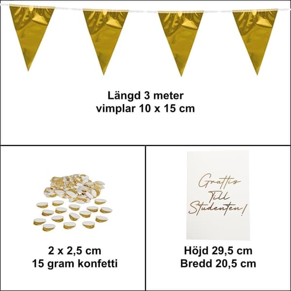 Studentdekorationer i Guld – Lyxigt Studentkit med Ballonger, Konfetti & Serpentiner