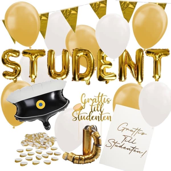 Studentdekorationer i Guld – Lyxigt Studentkit med Ballonger, Konfetti & Serpentiner