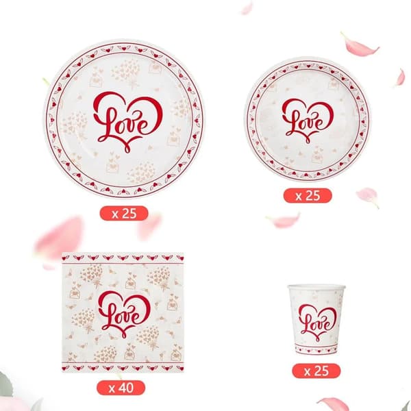 Partytallrikar Set, Romantisk Röd Hjärtdesign, Rymmer 25 Gäster,Röd