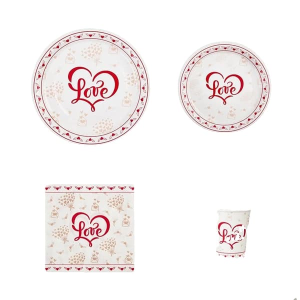 Partytallrikar Set, Romantisk Röd Hjärtdesign, Rymmer 25 Gäster,Röd
