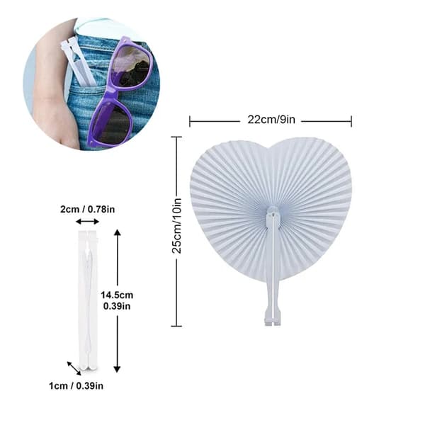 Sydämenmuotoinen taitettava tuuletin, tee-se-itse paperituuletin, kannettava muotoilu, valkoinen väri,50Pcs, sydämen muotoinen