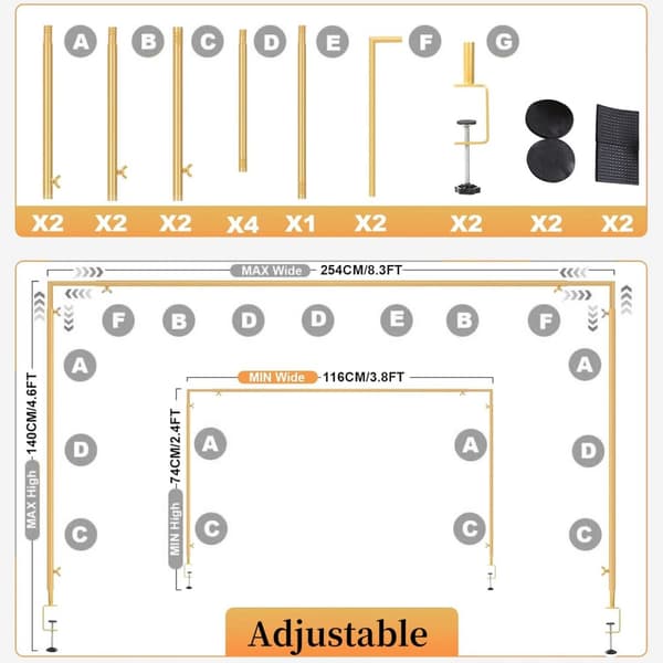 Borddekoration Bueholder, Justerbar Længde, Metal Konstruktion,2.5M x 1.08M, Guld