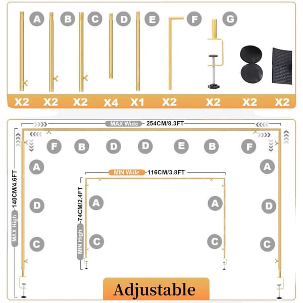 Borddekoration Bueholder, Justerbar Længde, Metal Konstruktion,2.5M x 1.08M, Guld
