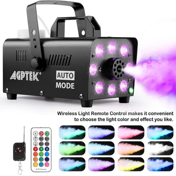 Värikäs savukone, 12 RGB-valovaikutusta, kevyt ja kannettava,Eu plug in Finnish is "Eu-plugi", musta